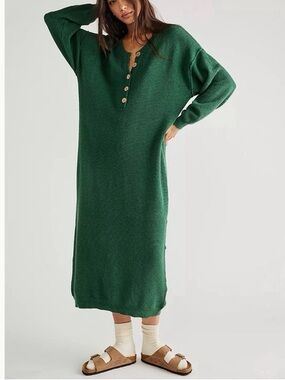 Free People Hailee Green Knit Henley Sweater Dress